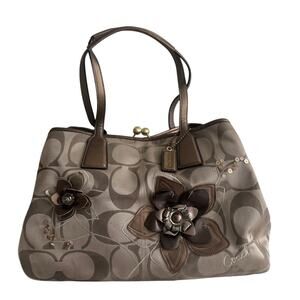Vintage Y2K Coach Poppy Floral Applique Kisslock Tote Signature Bag F14731